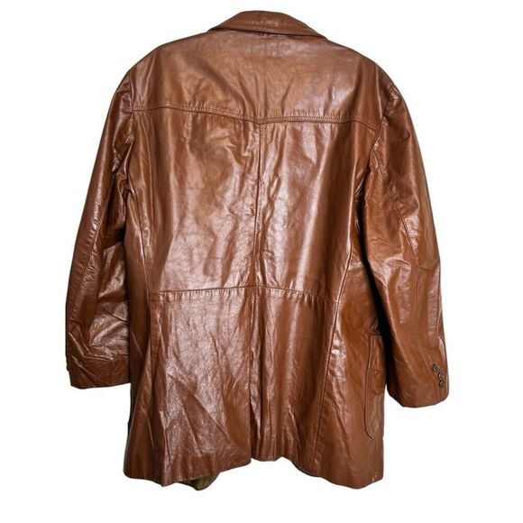 Vintage 70’s Sears Size 46 Tall Brown Orange Retro 2 Button Leather Jacket Coat - Picture 2 of 10
